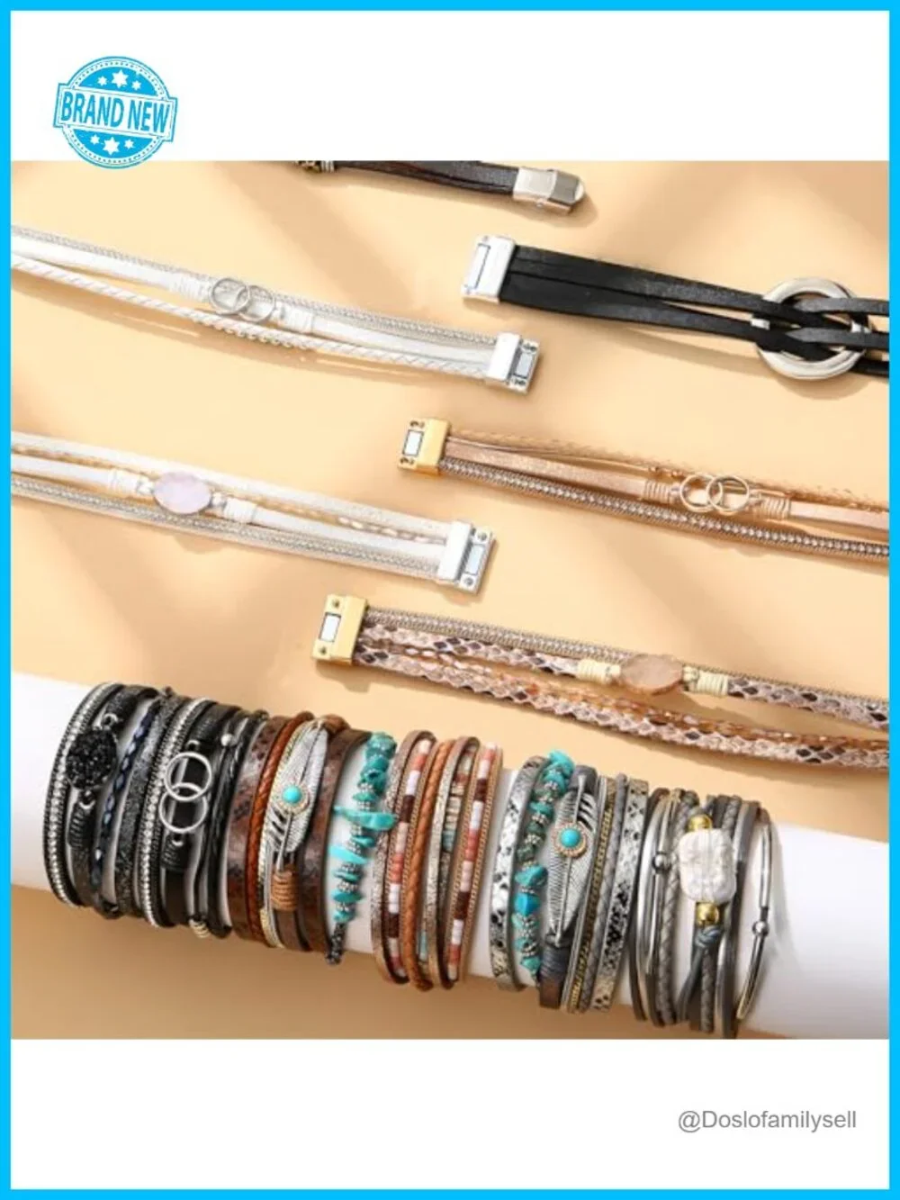 Set of 3 Leather Wrap Bracelets Boho Beaded Cuff Bracelets